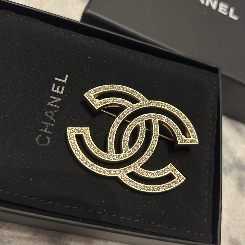 CHANEL Gold-Tone Crystal CC Brooch